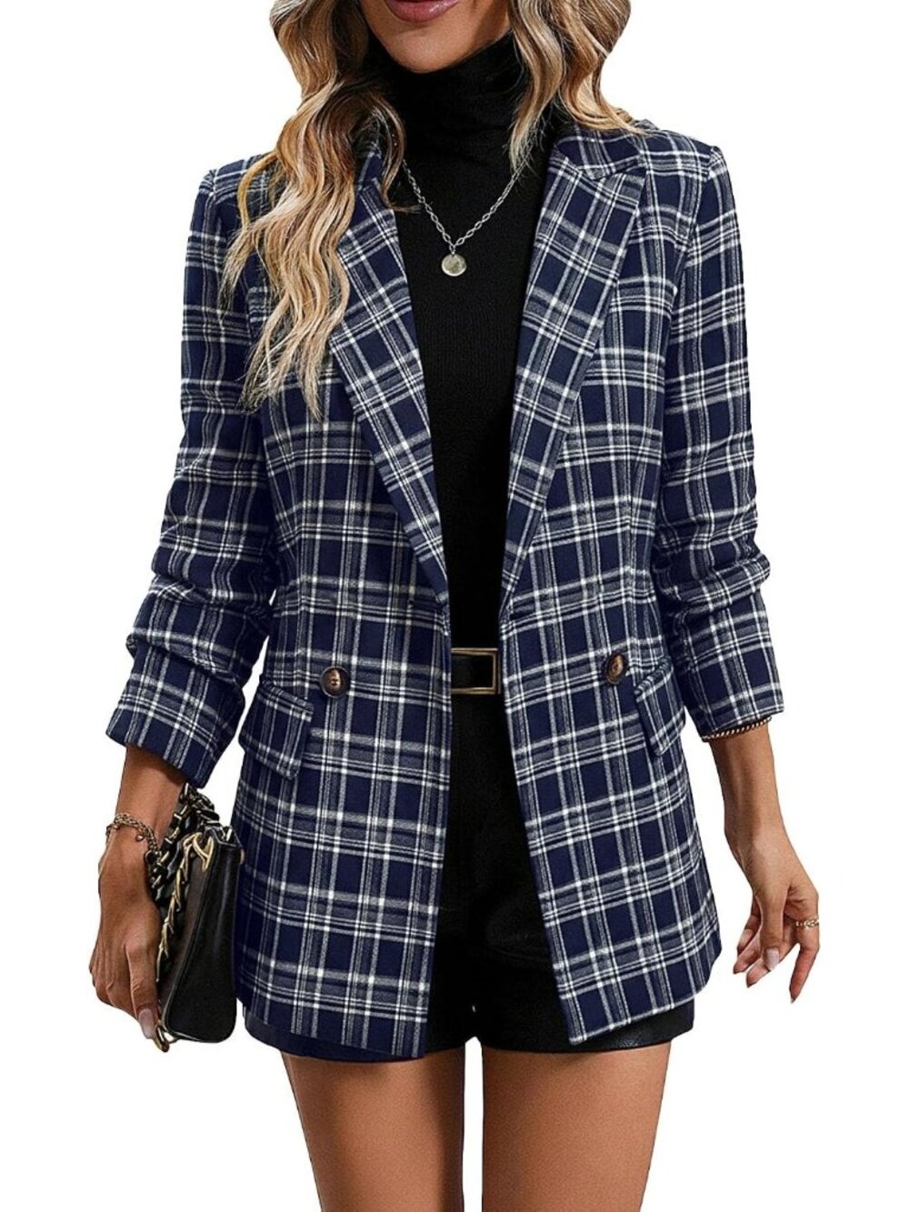〽️Women's Blue Plaid Houndstooth Business Casual Work Cowl Neck Blazer Jacket